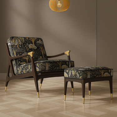 Mid-century modern armchair with Baobab black and gold upholstery.